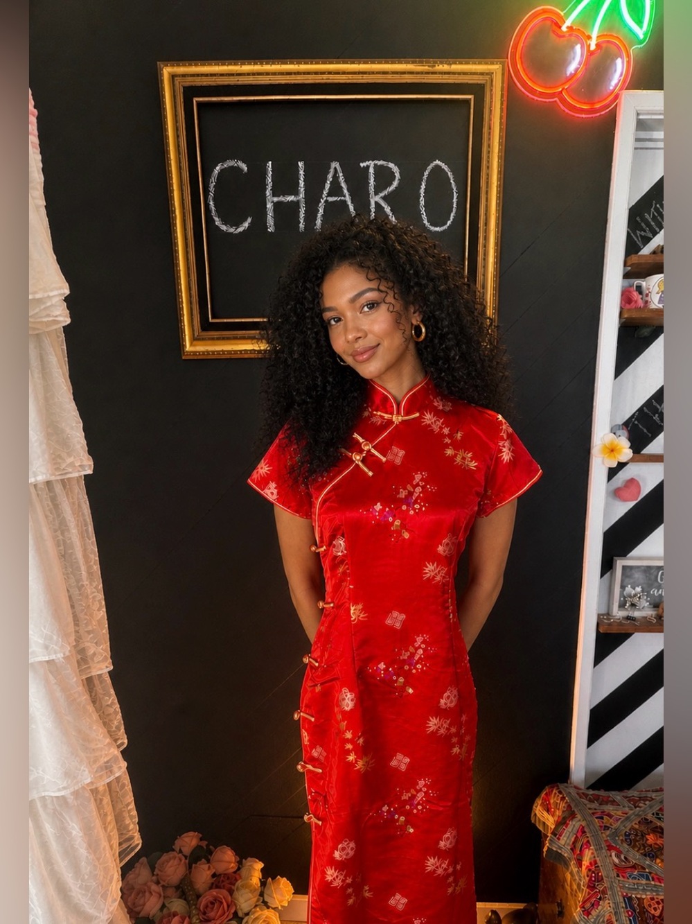 Red Floral and Bamboo Print Satin Cheongsam Qipao Dress